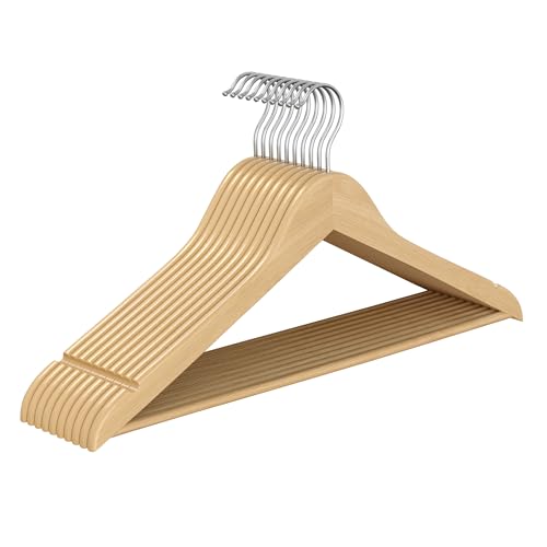 SONGMICS Kleiderbügel Holz, 10er Set, Holzbügel schlank, Bügel, platzsparend, Hosenbügel, 360° drehbarer Haken, Birkenholz, für Träger und Jacken, naturfarben CRW035KZ01