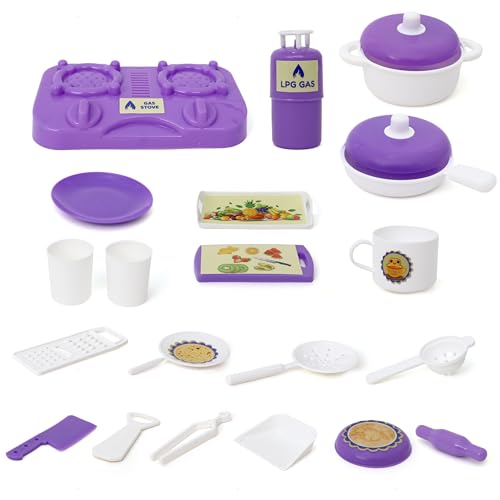 Image of Aditi Toys Kitchen Fresh Cook Set Bag for Kids, Pretend Play Cooking Toy with Mini Utensils & Gas Stove, Cylinder, Frying pan, Serving Tray, Kitchen Role Play Toy Set for Kids Age 3+ (Purple)