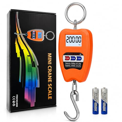 Báscula Colgante Digital 200kg/440LB, Báscula Electrónica Portátil con Pantalla LCD Retroiluminada, Báscula de Gancho para Pesca, Equipaje, Caza, Agricultura y Granja, kg/lb/N