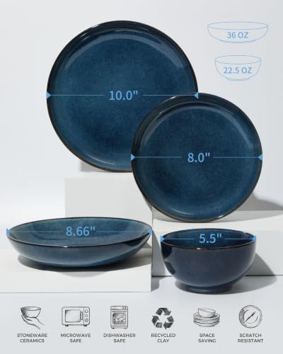 Image of Pokini Stoneware Dinnerware Sets for 4, 16pcs Plates and Bowls Sets Dishes | Reactive Glaze Ceramic Dish Set, Microwave & Dishwasher Safe, Highly Chip and Crack Resistant Dishware sets, Starry Blue