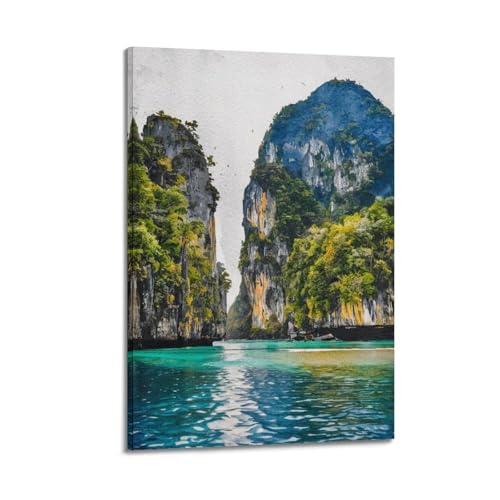 Poster paysage thaïlandais WIZIGM 40x60cm toile aquarelle style cadre