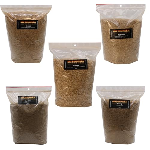 Räuchermehl SET Räucherspäne Mix aus Barriquefass/Eichenfässern 5X 200g Räuchermehl-Rotwein Räuchermehl-Brandy Räuchermehl-Fino Räuchermehl-Cognac und Whisky-Räuchermehl zusammen 1 Kg BBQ