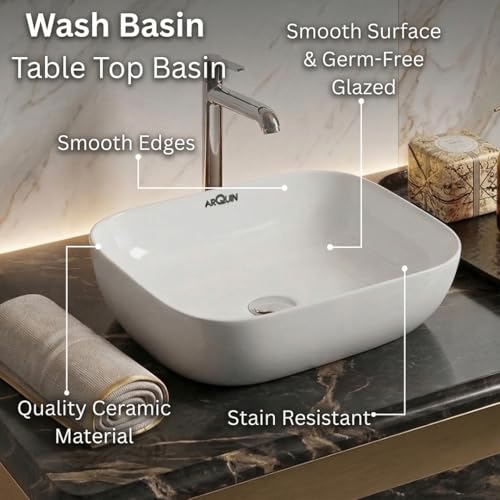 Image of ARQUIN ARQUIN Wash Basin for Bathroom Table Top Washbasin, Countertop Basin | Ceramic Washbasin Bathroom,Hotel | Living Room | Office Vanity Wash Basin (17.72x12.8x5.91 Inch)