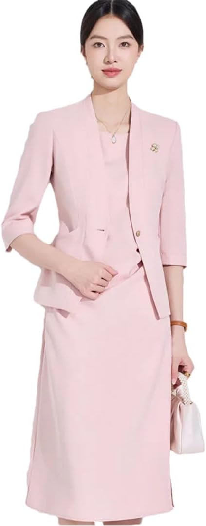Women Half Sleeve Jacket Business Set Office Ladies Work Knee Length Dress Suits