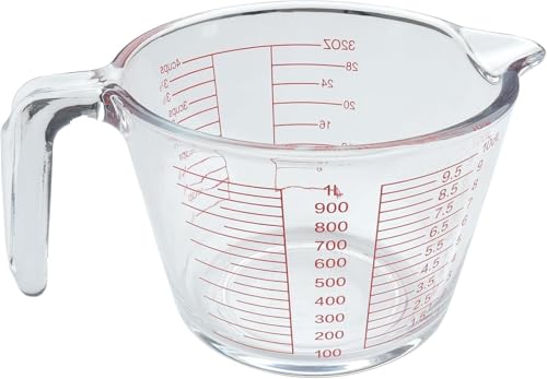 BH | 1L Glass Measuring Jug | 1 litres | Heavy Duty | Easy to Read Measurements | Heat Resistant | Kitchen Baking Restaurant Hot Liquid Microwave Safe BPA-Free with Handle - By Best House