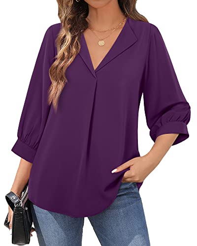 Unixseque Women's Casual Chiffon V Neck 3/4 Sleeve Business Tops Loose Work Blouses2