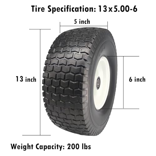 13x5.00-6 Flat Free Lawn Mower Tire and Wheel with 3/4 & 5/8 Bearing, 3\"Center Hub Flat Free Tire and Wheel for Front Lawnmower Wheel, Puncture-Proof 13 inch Solid Tire for Garden Tractor Mower Wheel - Thumbnail 2