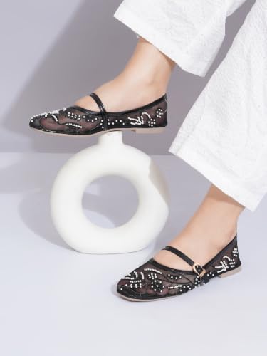 Image of TRYME Women's Elegant Mesh Mary Jane Ballerina Flats | Trendy Slip-On Comfortable Casual Flats Special Occasions