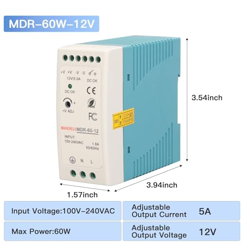 MAKERELE MDR 12V DIN Rail Power Supply 60W, Power Switching Converter AC 100V-240V to DC 12V with Overload Protection for Industrial2