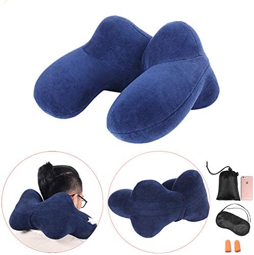 FMAB Travel, 4 Hump Inflatable Pillow with Ear Plugs, Eye Mask, Drawstring Bag and Soft Velvet Neck Support, Medium, Navy Blue