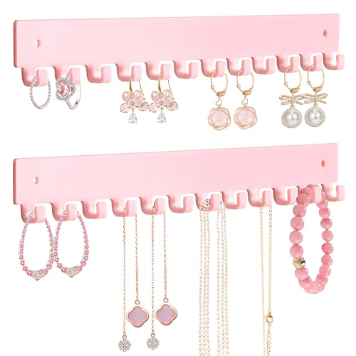 milylove Acrylic Necklace Holder 2 Pack Wall Mounted Necklace Organizer Hanging Jewelry Organizer with 12 Hooks for Necklaces, Bracelets, Rings and Bangles Display Pink