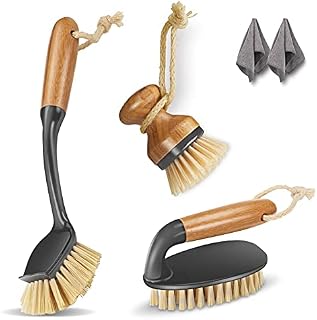 Myiosus Dish Brush, Washing Up Brushes with Bamboo Handle Durable Bristles, 3Pcs Scrubbing Brush for Pans, Pots, Kitchen Sink Cleaning, Send 2 Cleaning Cloths