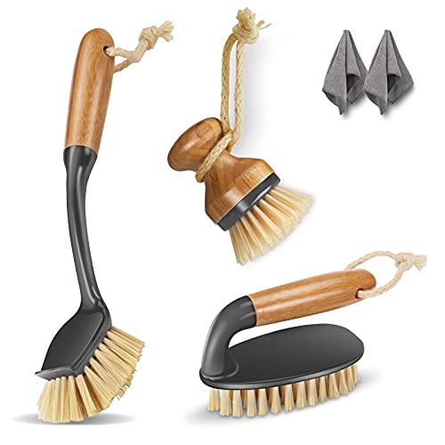 Myiosus Brosse à Vaisselle en Bois Lot de 3, Brosse pour Vaisselles Bois de Bambou pour Nettoyage des Vaisselle Casseroles Plates de Cuisine + 2 Chiffons Nettoyage Cover