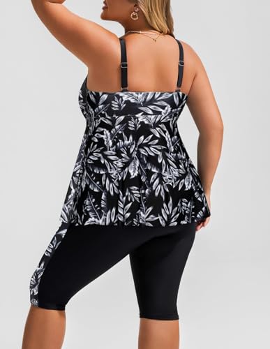Hanna Nikole Damen Große Größen Bauchweg Tankini U Ausschnitt Push Up Hohe Taille Zweiteilig Badeanzug Schwarze & weiße Blätter 46 2