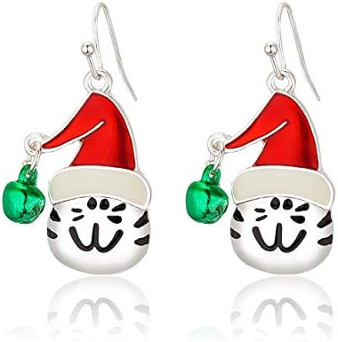 RareLove Cute Cat with Red Xmas Hat Green Bell Ring Pierced Dangle Christmas Earrings CZ Crystal Silver Plated Alloy Holiday For Women Girls