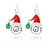 RareLove Cute Cat with Red Xmas Hat Green Bell Ring Pierced Dangle Christmas Earrings CZ Crystal Sil