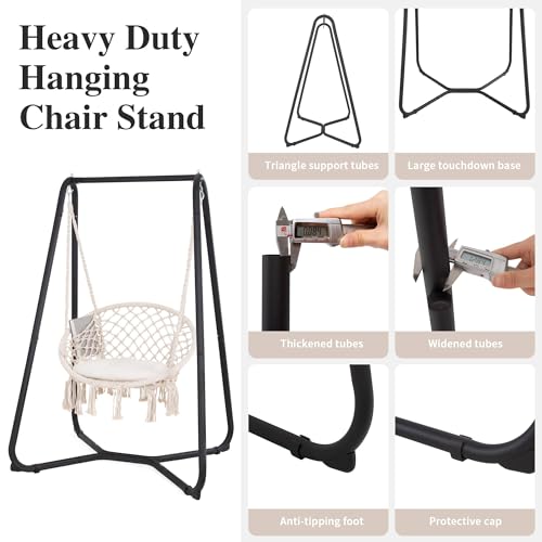 SUNCREAT Patio Swing Chair with Stand and Cushion, Heavy Duty Hanging Chair with Stand for Bedroom, 330 lbs Capacity, Patent Pending, Beige - Thumbnail 5