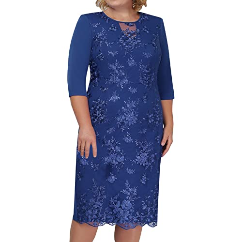 Vestido de Fiesta de Talla Grande para Mujer de Encaje de Manga Corta Midi de Vectry en Azul 5XL