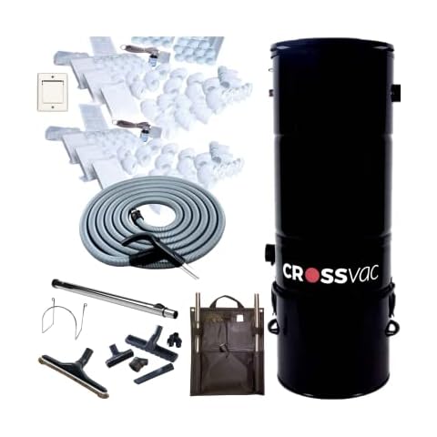 crossvac Zentralstaubsauger Set Large mit Staubsaugeranlage 3725, Schlauch-Set On/Off 9m, Einbauset für 6 Deco Saugdosen mit 30m Vakuumrohren Cover