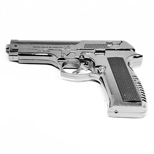 Image of 608 Heavy Metal Gun Lighter with Barrel Pull Back Heavy Metal Made Silver Color Gun Shape Gas Lighter with PU Case | Loading Feature Dummy Gun