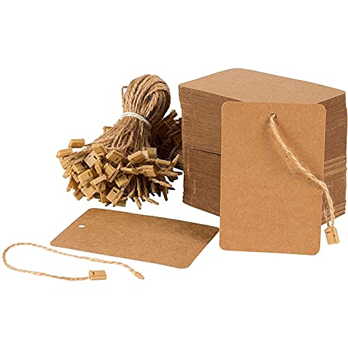 Merchandise Tags - 200-Pack Kraft Paper Tags with Hang Tag String Fasteners, 2.375 x 3.5 Inch Writable Marking Tags, Price Tag Sale Labels for Pricing Products, Clothing, Brown