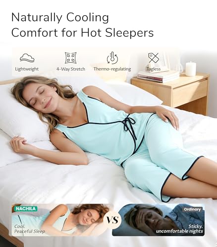 Image of NACHILA Pajamas Set for Women-Viscose Made from Bamboo, Sleeveless Pjs Cool V Neck Sleepwear Soft Capri Pants Pajama Sets