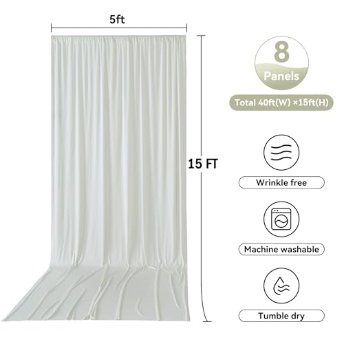 Image of 40ftx15ft Ivory Backdrop Curtains for Parties, Wrinkle Free Polyester Ivory Photo Backdrop Drapes 8 Panels 15 ft Long Back Drop Cloth Drapey for Wedding Birthday Photography Background Curtain