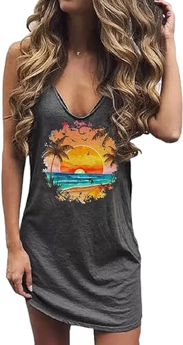 Image of Live Simple Coconut Tree Sleeveless Mini Dress Summer Beach Mini Dress Women's Summer Casual Sexy V Neck Mini Tank Dress