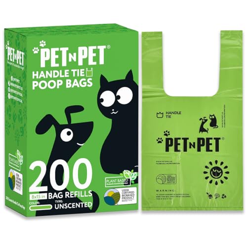 Pet N Pet 200 Counts Unscented Dog Poop Bags Rolls with Tie Handles, 38% Plant Based & 62% PE Poop Bags for Dogs, Extra-Thick Doggie Poo Bag, Pet Waste Bag