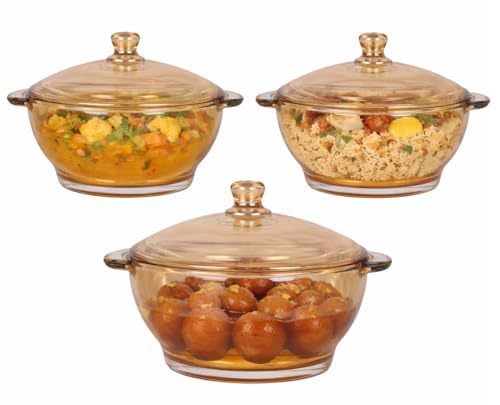 Image of Brown Glass Casserole Deep Round 1000 ML - Oven and Microwave Safe Serving Bowl with Glass Lid (3 Pc, Brown - B)