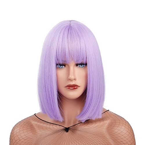 MEIRIYFA Purple Short Bob Wigs With Bangs Straight for Women 12" Bob Hair Wig Natural Fashion Synthetic Full Wig for Daily Cosplay