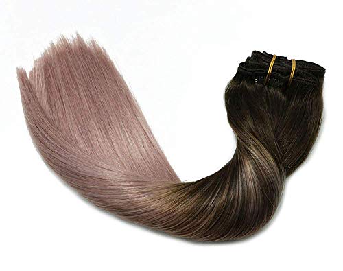 Clip In Hair Extensions Human Hair Ombre Hair Dark Brown Fading to Pink Gray Brazilian Hair 120g 7pcs Per Set Remy Human Hair Full Head Silky Straight Human Hair Clip In Extensions 18 Inch