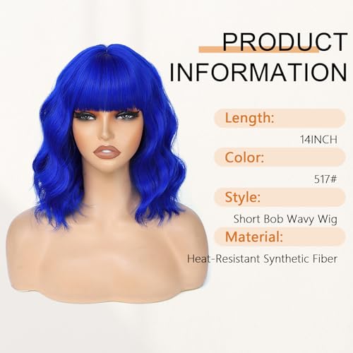 Image of AGO Blue Short Wavy Wigs with Bangs Curly Bob Wig Shoulder Length 14Inch Synthetic Hair Wig for Women Girl Heat Resistant Synthetic Colorful Wigs for Daily Party Halloween Cosplay Use(517#Blue)
