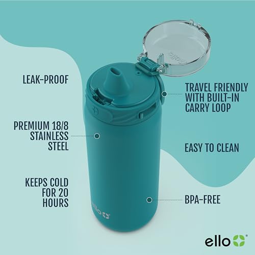 Image of Ello Cooper 18oz Kids Stainless Steel Water Bottle with Straw and Carry Handle, Double Walled and Vacuum Insulated Metal, Leak Proof Locking Lid with Soft Silicone Spout, Reusable, BPA Free, Antigua