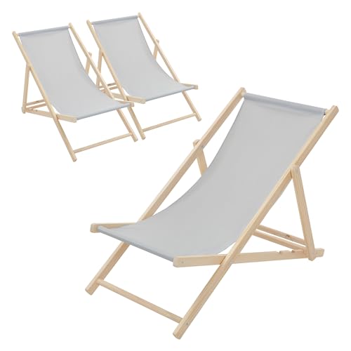 ECD Germany Lot de 3 Chaises Longues Pliantes en Bois Chiliennes, Gris Clair, Dossier Réglable, 3 Positions de Couchage, jusqu'à 120kg, Bain de Soleil en...