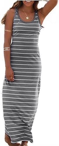 Roselux Women's Sleeveless Scoop Neck Striped Maxi Sundresses Loose Racerback Long Dress (Dark Gray,S)