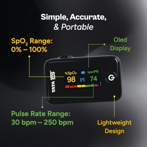 Image of Tata 1mg Fingertip Pulse Oximeter | High Accuracy SpO2 Monitor & Pulse Rate Device | OLED Display | Perfusion Index Indicator | Portable Oxygen Saturation Monitor for Adults