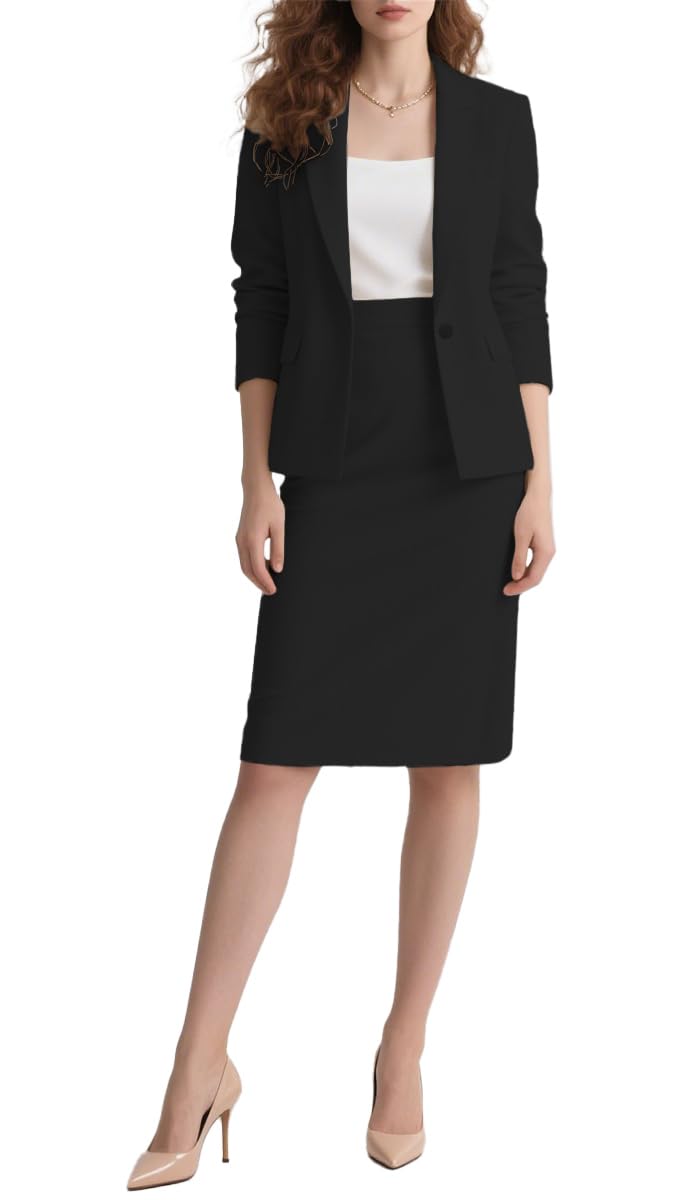 Botong Women's Black 2 Piece Suit Skirt Set Business Casual Long Sleeve Blazer And Pencil Skirt Xl
