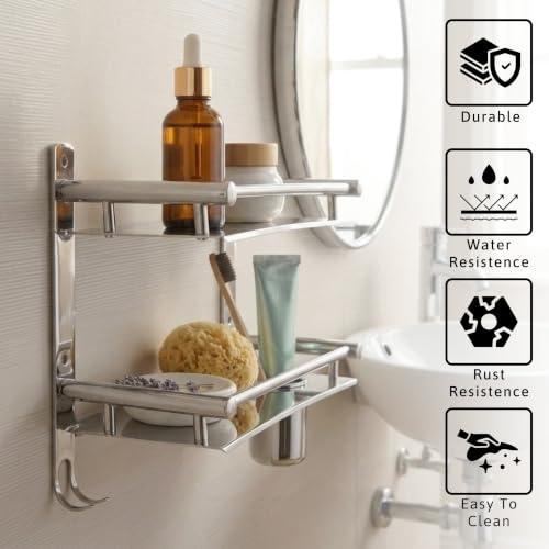 Image of GLOXY Premium 2 Tier Bathroom Stainless Steel Shelf with Toothbrush Holder, Soap Dish - Chrome Finish Wall Mounted 2 Layer Shelf with Multipurpose Hooks for Bathroom - Home Decor Bathroom Accessories