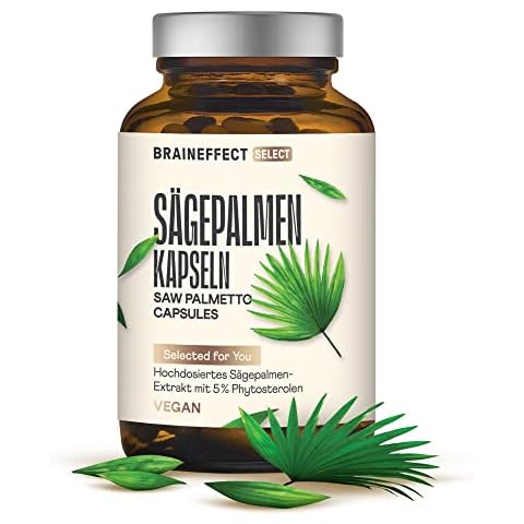 BrainEffect Sägepalmenextrakt (280mg pro Tagesdosis) - 180 Vegane Kapseln in Braunglas, Ohne Magnesiumstearat, German Quality - 5% Phytosterole = 14 mg - Hochdosiertes Sägepalmextrakt Cover
