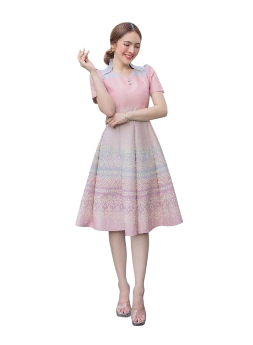 Woven Fabric A-Line Dress Sailor Collar Design Geometric Pattern Skirt S-2XL N722