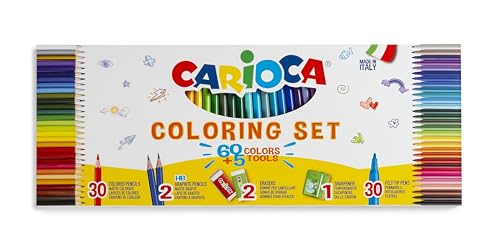Carioca Set de Dibujo | Caja Especial con 30 Rotuladores Joy Punta Fina y 30 Lápices de Colores TITA | Incluye 2 Lápices de Grafito HB, 2 Gomas de Borrar y Sacapuntas con Depósito | 65 piezas