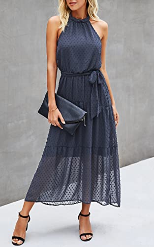 Image of PRETTYGARDEN Women's Halter Neck Floral Long Maxi Dress Casual Sleeveless Backless Dresses Loose Ruffle Sundress with Belt