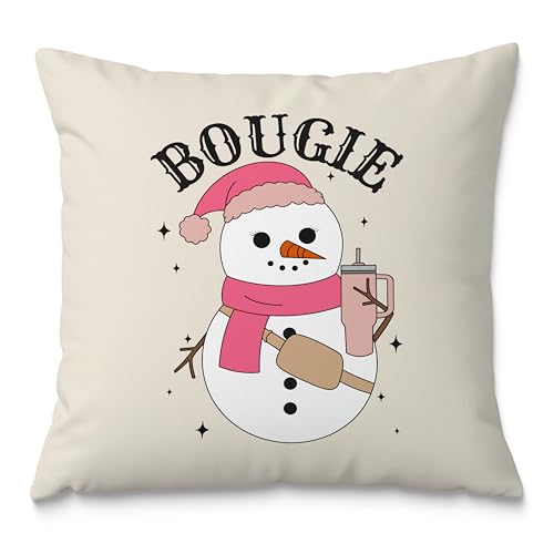 Fuasei Pink Bougie - Fundas de almohada de muñeco de nieve de 18 x 18 pulgadas, fundas de almohada de Navidad rosas para sofá, decoración de Navidad rosa, decoraciones de Navidad para sala de estar,