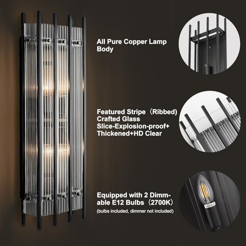 Image of Modern Black Wall Sconce,25in Grand Rectangular Ribbed Glass Wall Sconces,Indoor Hardwired Wall Sconces for Large Spaces,for Living Room,Hallway,Stairway Sconces Wall Lighting,Included E12 Bulbs