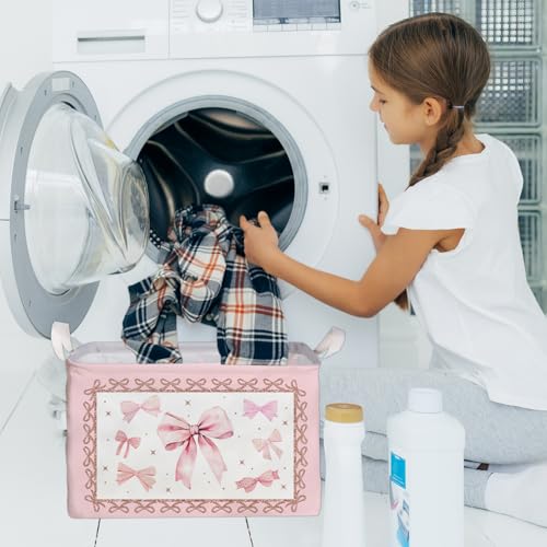 Image of Pink Bow Foldable Storage Box, Waterproof Toy and Clothes Storage Box for Nursery Room, Pink Cute Bow Decorative Fabric Basket for Boys Girls Bedroom, Storage Basket Gifts for Bow Party Decoration