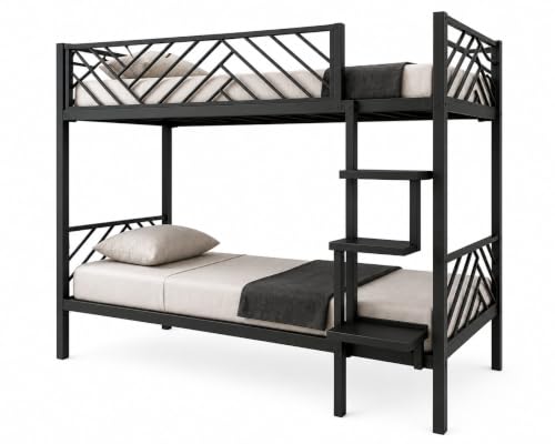 Image of Metal Bunk Bed Twin Over Twin with Ladder, Heavy Duty Steel Frame, Space Saving Kids & Adult Bunk Bed, Safety Guard Rails, Noise-Free, Black, 74 x 36 x 60 Inches