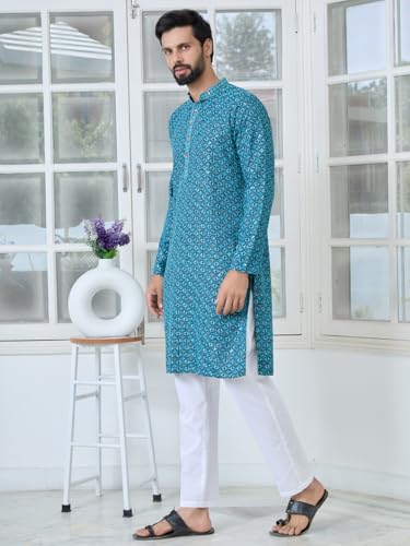 Image of See Designs Men's Full Sleeve Mandarin Collar Men Embroidered Straight Long Kurta - Festive Collection