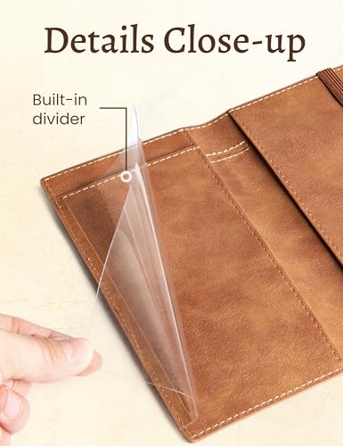 Image of Yarnic Checkbook Cover for Personal Checkbook Holder Light Brown | Check Book Covers with Pen Holder & Built-in Clear Plastic Divider for Duplicate Checks