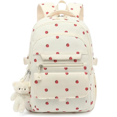 PRLINJSK Mochila para meninas para estudantes do ensino médio, linda bolsa de livros estética para adolescentes e mulheres com acessórios, veludo cotelê branco morango, Large, Mochilas tradicionais